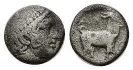THRACE, Ainos. Circa 433-432 BC. AR Diobol (9mm, 1.13 g). Head of Hermes right, wearing petasos / Goat standing right; kerykeion? to right.