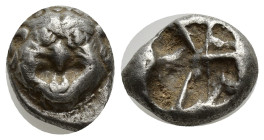 MYSIA. Parion. 5th century BC. Drachm (Silver, 12mm, 3.98 g). Facing gorgoneion with large ears and protruding tongue. Rev. Irregular pattern within q...