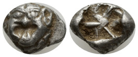 MYSIA. Parion. 5th century BC. Drachm (Silver, 12mm, 4.00 g). Facing gorgoneion with large ears and protruding tongue. Rev. Irregular pattern within q...