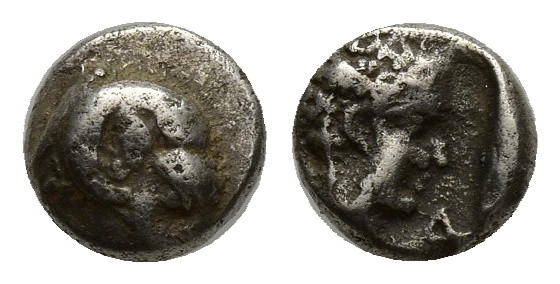 Karia, Halikarnassos(?) AR Hemiobol. (6mm, 0.49 g) 5th century BC. Head of ram t...