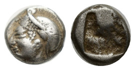 IONIA. Phocaea. Ca. late 6th-early 5th centuries BC. AR diobol (8mm, 1.33 g). Archaic-style female head left, wearing helmet or close fitting cap / Qu...
