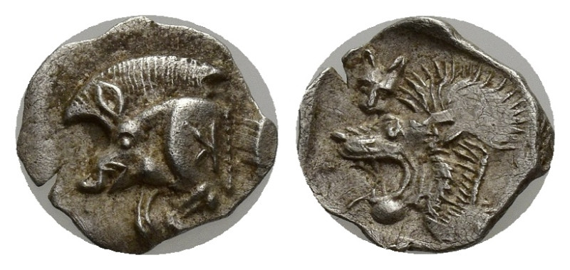 Mysia, Kyzikos. 525-475 B.C. AR hemiobol (8mm, 0.39 g). Forepart of boar left; t...