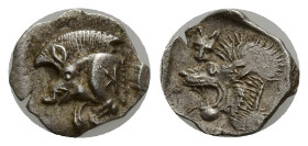 Mysia, Kyzikos. 525-475 B.C. AR hemiobol (8mm, 0.39 g). Forepart of boar left; to right, tunny behind; retrograde K on shoulder / Head of roaring lion...