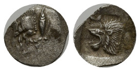 Mysia. Kyzikos circa 525-475 BC. Hemiobol AR (9mm, 0.41 g). Forepart of boar left; tunny upward to right / Head of roaring lion left, with star to lef...