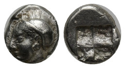 IONIA. Phokaia. (Circa 521-478 BC). AR Diobol. (8mm, 1.31 g) Obv: Archaic female head left, wearing earring and helmet or close fitting cap.. Rev: Qua...