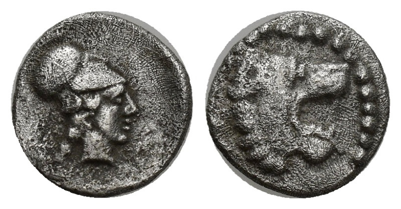 Pamphylia, AR Obol (10mm, 0.77 g) Side ca. 400-380 BC. Helmeted head of Athena r...