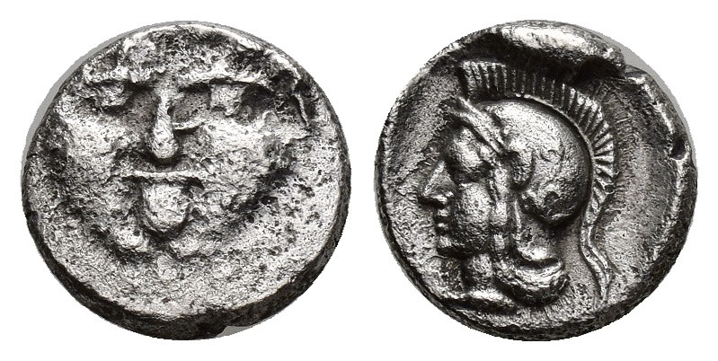 Pisidia, Selge AR Obol. (9mm, 0.94 g) 350-300 BC. Facing Gorgoneion / Helmeted h...