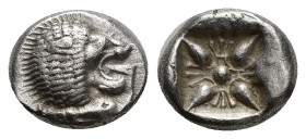 IONIA. Miletus. Ca. late 6th-5th centuries BC. AR 1/12 stater or obol (10mm, 1.32 g). Milesian standard. Forepart of roaring lion left, head right / S...