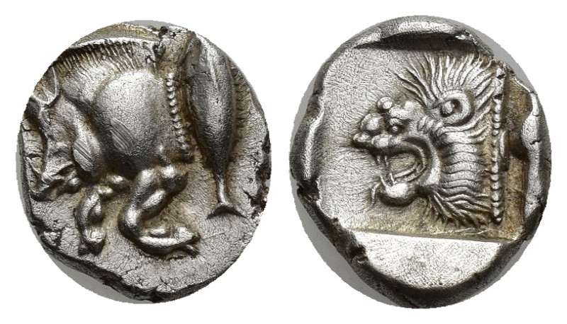 Mysia, Kyzikos. Ca. 525-475 B.C. AR diobol (10mm, 1.25 g) Forepart of boar left;...