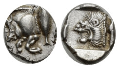 Mysia, Kyzikos. Ca. 525-475 B.C. AR diobol (10mm, 1.25 g) Forepart of boar left; on shoulder, tunny to right Rev: Head of roaring lion left within inc...