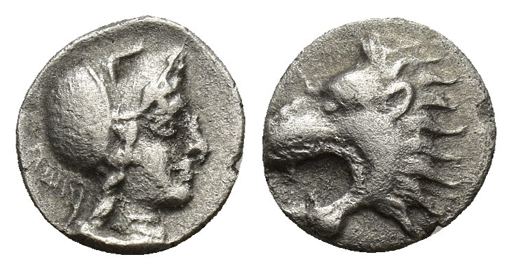 PAMPHYLIA, Side. Circa 370-360 BC. AR Obol (9mm, 0.67 g). Helmeted head of Athen...