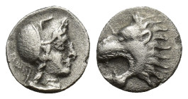 PAMPHYLIA, Side. Circa 370-360 BC. AR Obol (9mm, 0.67 g). Helmeted head of Athena right, wearing necklace. / Head of lion left.