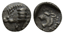 Mysia. Kyzikos circa 450-400 BC. Obol AR (9mm, 0.57 g). Forepart of boar left, tunny behind / Head of lion left within incuse square.