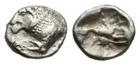CARIA, Mylasa(?). Circa 520-490 BC. AR Obol(?) (8mm, 0.86 g). Persic standard(?). Forepart of lion left; symbol or letter on shoulder / Rough incuse s...