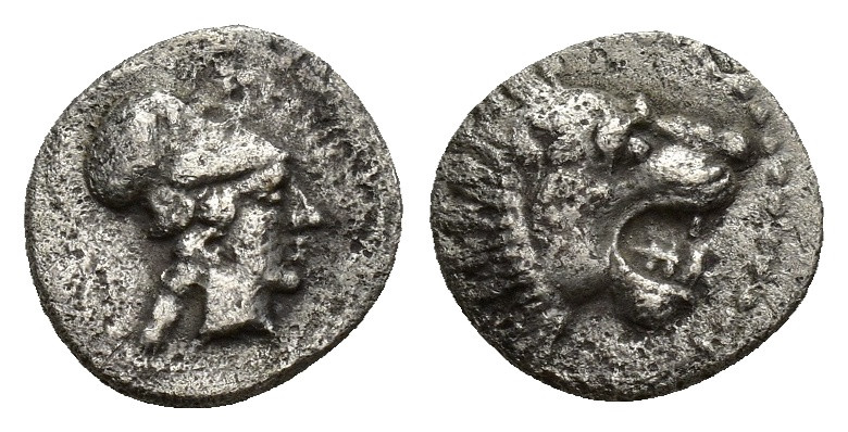 Pamphylia, Side AR Obol (10mm, 0.71 g) ca. 400-380 BC. Helmeted head of Athena r...