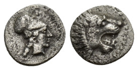 Pamphylia, Side AR Obol (10mm, 0.71 g) ca. 400-380 BC. Helmeted head of Athena right. / Head of lion right.