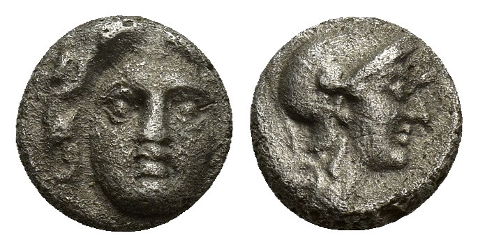 Pisidia, Selge AR Obol. (8mm, 0.94 g) 350-300 BC. Facing gorgoneion / Helmeted h...