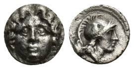 Pisidia, Selge. 3rd-2nd Century B.C. AR trihemiobol (9.6mm, 0.85 g). Gorgoneion facing / Helmeted head of Athena, astragalos behind.