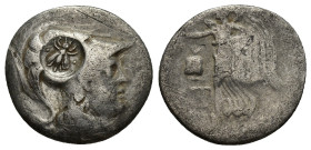 Pamphylia. Side circa 205-100 BC. Drachm AR (18mm, 3.55 g). Head of Athena to right, wearing crested Corinthian helmet, countermark (bee right) / Nike...