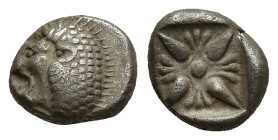 IONIA. Miletus. Ca. late 6th-5th centuries BC. AR obol (7mm, 1.12 g). Milesian standard. Forepart of roaring lion right, head reverted / Stellate flor...