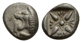 IONIA. Miletus. Ca. late 6th-5th centuries BC. AR obol (9mm, 1.13 g). Milesian standard. Forepart of roaring lion right, head reverted / Stellate flor...