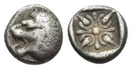 IONIA. Miletus. Ca. late 6th-5th centuries BC. AR obol (9mm, 1.00 g). Milesian standard. Forepart of roaring lion right, head reverted / Stellate flor...