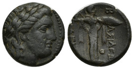 SELEUKID KINGS OF SYRIA, Seleukos I Nikator. (Circa 312-281 BC).Æ (18mm, 5.00 g) Laureate head of Apollo right. / BASILEWS SELEUKOU, Athena Promachos ...