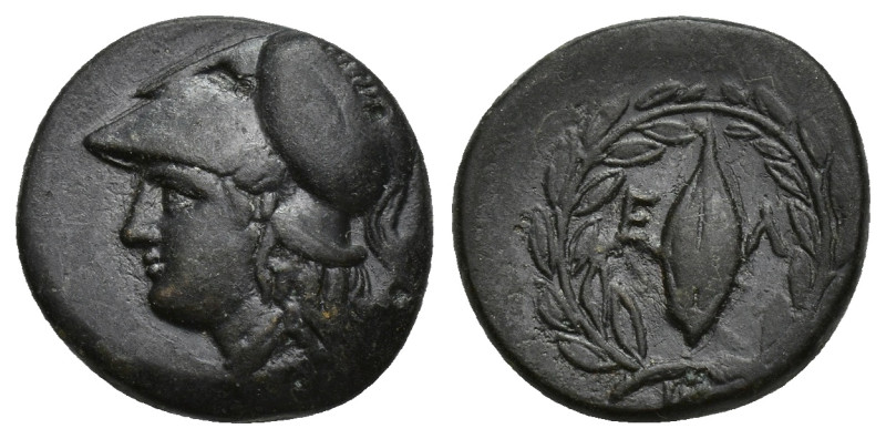 Aeolis. Elaia circa 350-200 BC. Bronze Æ (16mm, 3.63 g). Helmeted head of Athena...