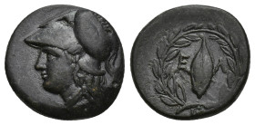 Aeolis. Elaia circa 350-200 BC. Bronze Æ (16mm, 3.63 g). Helmeted head of Athena left / Ε - Λ, grain ear within olive wreath.