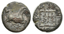 THRACE. Maroneia. Ae (13mm, 2.79 g) (Circa 398/97 - 348/47 BC). Obv: Prancing horse right; monogram below horse. Rev: MAPONITΩΝ. Four bunches of grape...