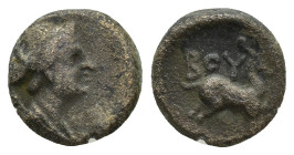 LYCIA. Bubon. Ae (10mm, 1.67 g) (2nd-1st centuries BC). Obv: Draped bust of Artemis right, quiver over shoulder. Rev: BOY. Stag standing right.