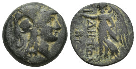 PAMPHYLIA, Side. Circa 1st Century BC. Æ (16mm, 3.34 g). Head of Athena right, wearing Corinthian helmet / Nike advancing left, holding wreath; pomegr...