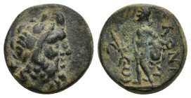 Lycaonia. Eikonion 100-0 BC. Bronze Æ (15mm, 3.78 g). Laureate head of Zeus right / ΕΙΚΟΝΙ-ΕΩ[Ν], naked Perseus standing left, holding harpa in right ...