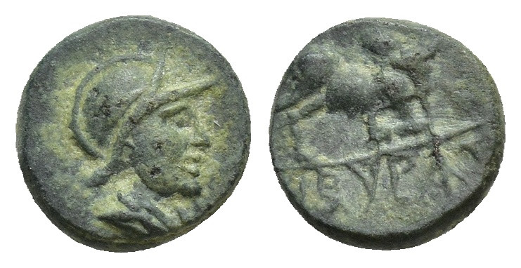 PHRYGIA. Kibyra. Ae (9mm, 1.10 g) (2nd-1st centuries BC). Obv: Helmeted and drap...