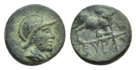 PHRYGIA. Kibyra. Ae (9mm, 1.10 g) (2nd-1st centuries BC). Obv: Helmeted and draped male bust right. Rev: KIBYP. Bull butting right.