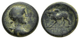 Pisidia, Termessos Æ (13mm, 2.77 g) 1st century BC. Draped and laureate bust of Artemis right, quiver behind shoulder / Humped bull jumping left, TEP ...