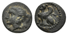 Cilicia, uncertain mint Æ (10mm, 1.35 g). Circa 4th century BC. Female head to left. / Sphinx seated to left.