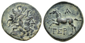 Pisidia. Termessos Major circa 100-0 BC. Dated CY 1=72/1 BC Bronze Æ (20mm, 5.83 g). Laureate head of Zeus right / TEP, horse galloping left, A (date)...