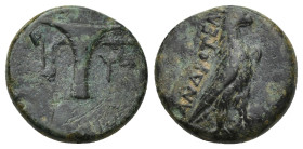 AEOLIS. Kyme. (Circa 350-320 BC). Androteles, magistrate. AE. (16mm, 4.21 g) Obv: One-handled vase; K-Y across fields. Rev: ANΔPOTEΛ Eagle, with close...