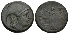 KINGS of BITHYNIA. Prusias II Cynegos. 182-149 BC. Æ (25mm, 7.70 g). Head of Athena right, wearing crested Attic helmet; c/m: Nike standing left, hold...
