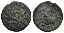 Pisidia. Termessos Major circa 100-0 BC. dated CY 35 = 38 BC Bronze Æ (17mm, 3.60 g) Laureate head of Zeus right / TEP, forepart of horse left; ΛB abo...