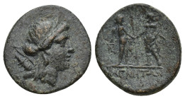 LYDIA. Magnesia ad Sipylos (Circa 200-0 BC.) Ae. (17mm, 3.10 g) Obv: Head of Artemis right, wearing stephane, bow and quiver behind neck. Rev: Zeus, b...