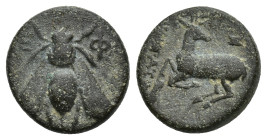 IONIA. Ephesos. (Circa 4th century BC) AE Bronze (12mm, 2.29 g) Ε - Φ. Bee. / Stag kneeling left, head right; astragalos above.