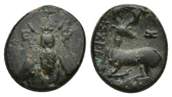 IONIA. Ephesos. (Circa 4th century BC) AE Bronze (12mm, 2.26 g) Ε - Φ. Bee. / Stag kneeling left, head right; astragalos above.