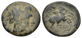 Pisidia. Isinda circa 100-0 BC. Bronze Æ (18mm, 4.71 g). Laureate head of Zeus right / IΣIN beneath rider on horseback galloping right, wielding spear...