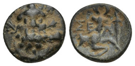 PISIDIA. Selge. 2nd-1st century BC. AE (12mm, 1.64 g). Bearded facing head of Herakles, wearing wreath of cypress branches. Rev. ΣE-Λ Stag recumbent t...