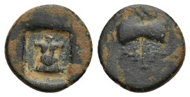 CARIA. Aphrodisias. Ae (12mm, 1.24 g) (1 century BC). Obv: Cuirass in incuse square. Rev: ΠΛA / AΦPO. Double axe.
