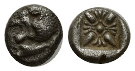 IONIA. Miletus. Ca. late 6th-5th centuries BC. AR 1/12 stater or obol (8mm, 1.00 g). Milesian standard. Forepart of roaring lion right, head reverted ...