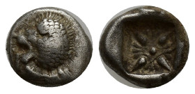 IONIA. Miletus. Ca. late 6th-5th centuries BC. AR 1/12 stater or obol (9mm, 1.13 g). Milesian standard. Forepart of roaring lion right, head reverted ...