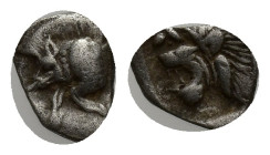 Mysia. Kyzikos circa 480 BC. Hemiobol AR (6mm, 0.23 g). Forepart of boar left with short mane and dotted truncation; to right, tunny upward / Head of ...